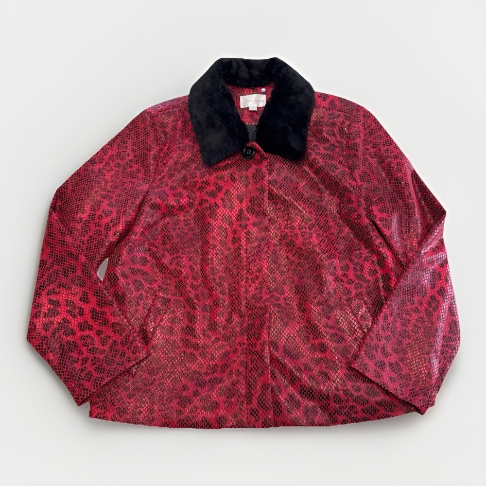 VTG Erin London Women's Y2K Red Cheetah/Snake Print Cropped Jacket XL Faux Fur - Picture 1 of 5